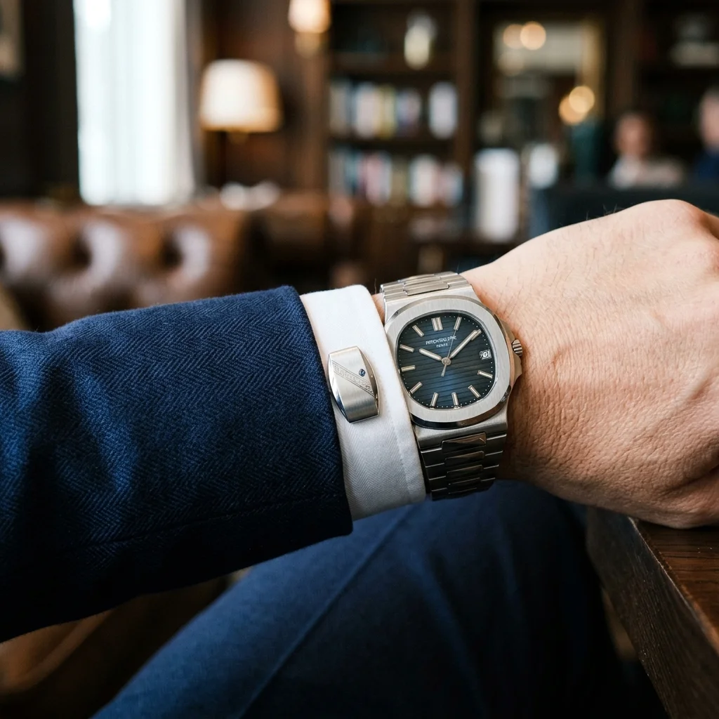 Uomo elegante che indossa gemelli in argento lavorato a mano